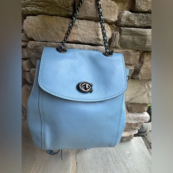 Coach Light Blue Leather Chain Strap Backpack Coach Metallic Blue Leather Backpack Purse | Mercari main image 4